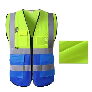 Gilet de sécurité vert et bleu unisexe avec fermeture éclair et plusieurs poches