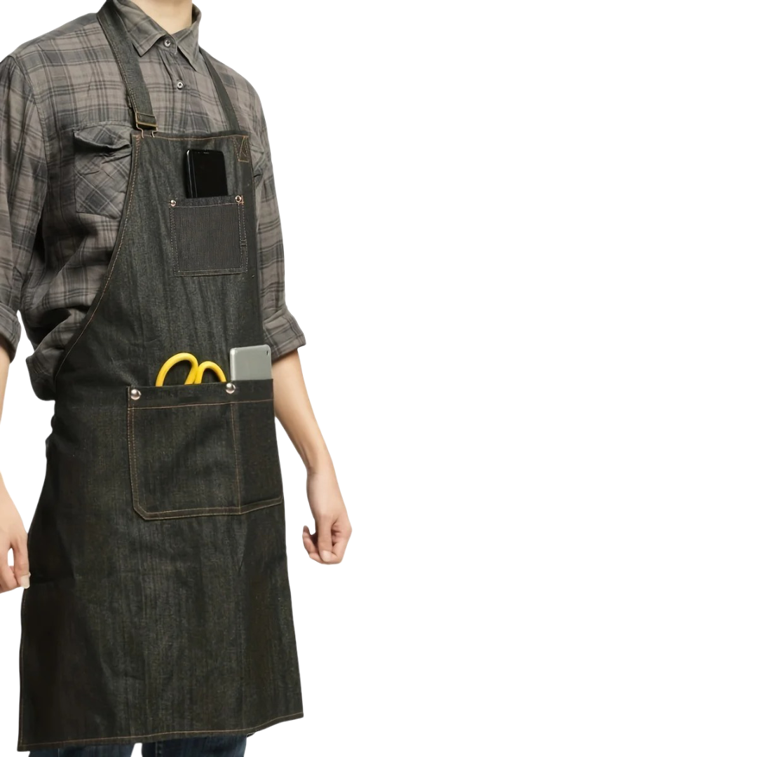 Tablier noir à outils effet jean léger avec poches et bretelles ajustables