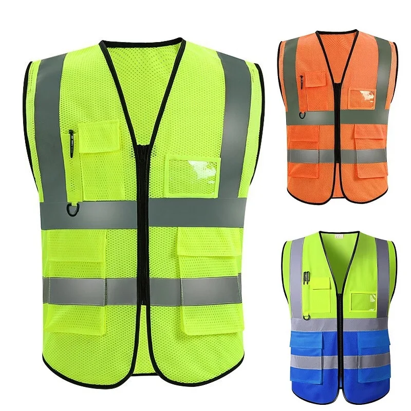 Gilet de sécurité vert fluorescent unisexe avec fermeture éclair et plusieurs poches – Image 2