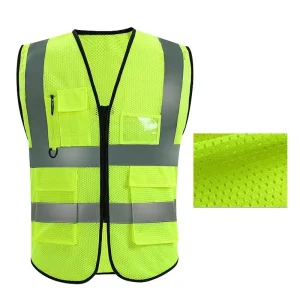Gilet de sécurité vert fluorescent unisexe avec fermeture éclair et plusieurs poches