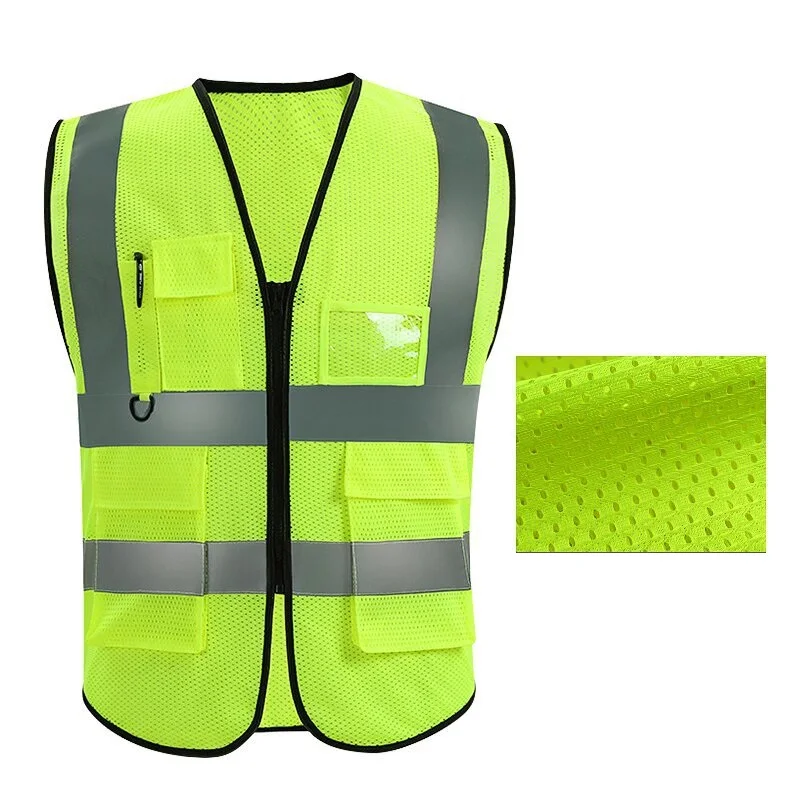 Gilet de sécurité vert fluorescent unisexe avec fermeture éclair et plusieurs poches