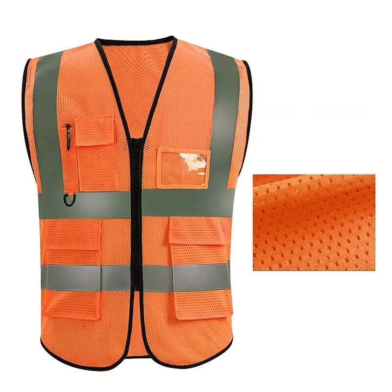 Veste gilet orange de sécurité unisexe avec fermeture éclair et plusieurs poches