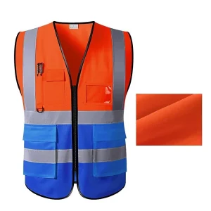 Gilet de sécurité rouge et bleu unisexe avec fermeture éclair et plusieurs poches