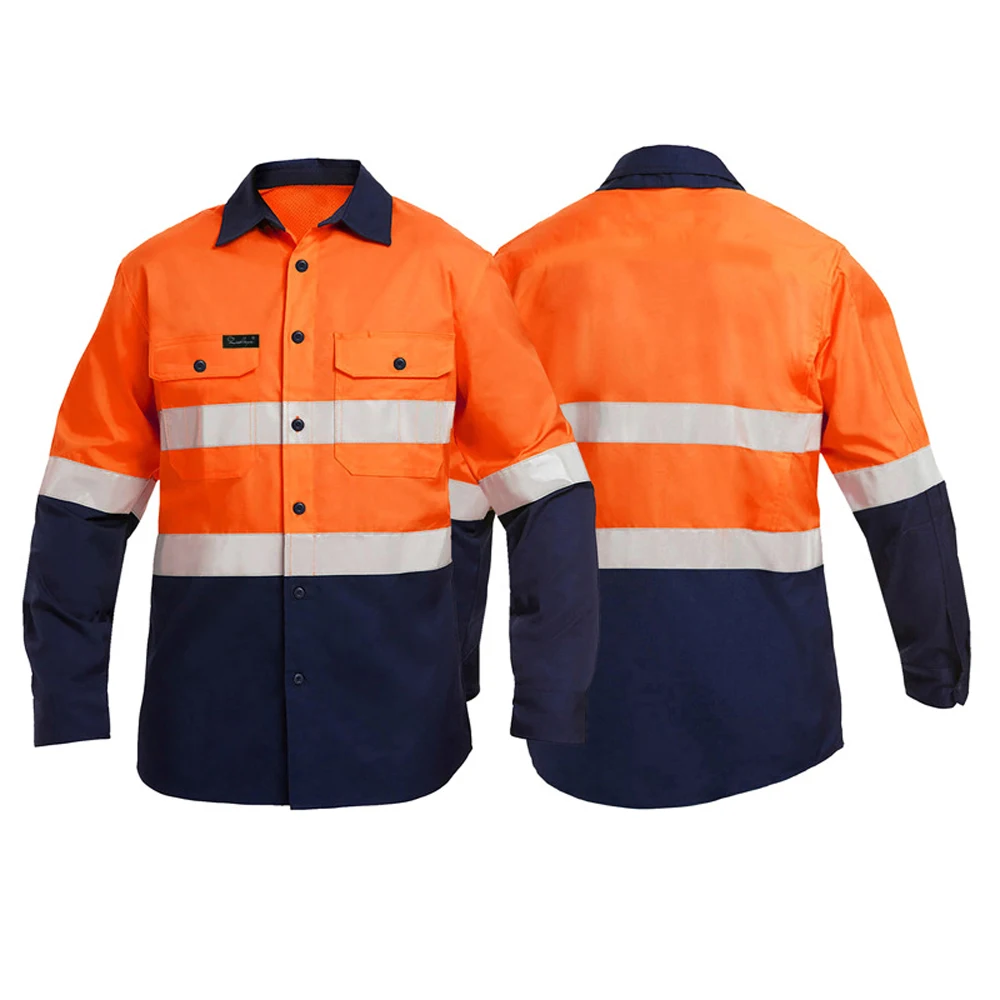 Chemises de sécurité orange et bleu marine haute visibilité 100 % coton.