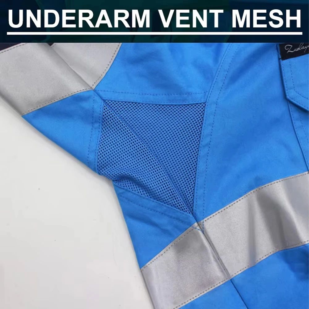 Chemises de sécurité bleu ciel et bleu marine haute visibilité 100 % coton. – Image 4