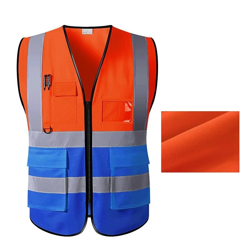 Gilet de sécurité rouge et bleu unisexe avec fermeture éclair et plusieurs poches – Image 3