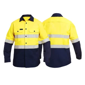 Chemises de sécurité jaune et bleu marine haute visibilité 100 % coton.