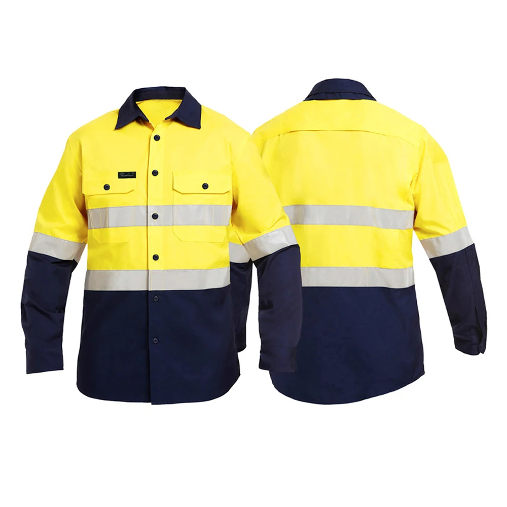 Chemises de sécurité jaune et bleu marine haute visibilité 100 % coton.