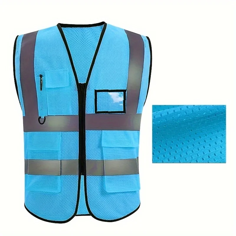 Gilet de sécurité bleu clair unisexe avec fermeture éclair et plusieurs poches