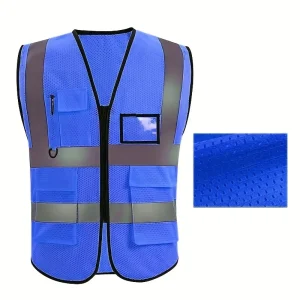 Gilet de sécurité bleu unisexe avec fermeture éclair et plusieurs poches