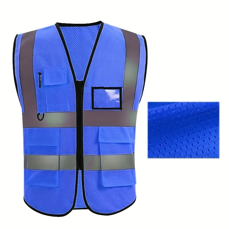 Gilet de sécurité bleu unisexe avec fermeture éclair et plusieurs poches