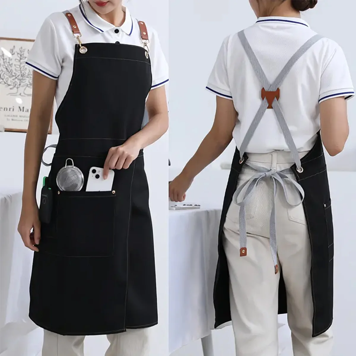 Tablier en toile imperméable avec poches et fente à la jambe – Image 3